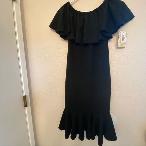 LuLaRoe CiCi Off Shoulder Black Dress Ruffles fitted LBD Size XXS Nwt - Picture 3 of 13